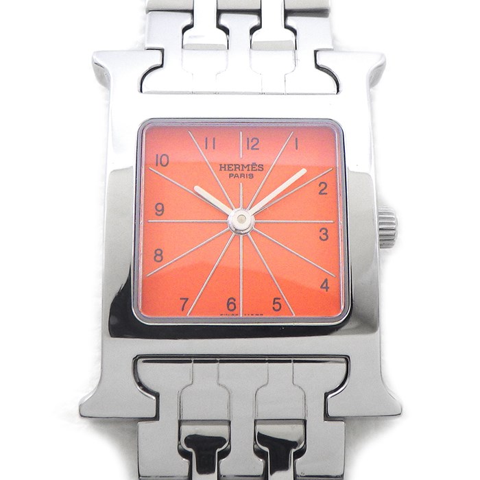 エルメス HERMES 腕時計 Hウォッチ PM HH1.210 スモール スクエア オレンジ文字盤 SS クオーツアナログ 【中古】