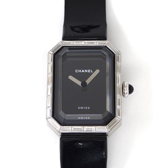 シャネル CHANEL 腕時計 プルミエール H0096 バケットカット ダイヤベゼル ブラック文字盤 黒 K18WG パテント エナメル 革ベルト クオーツアナログ 【中古】