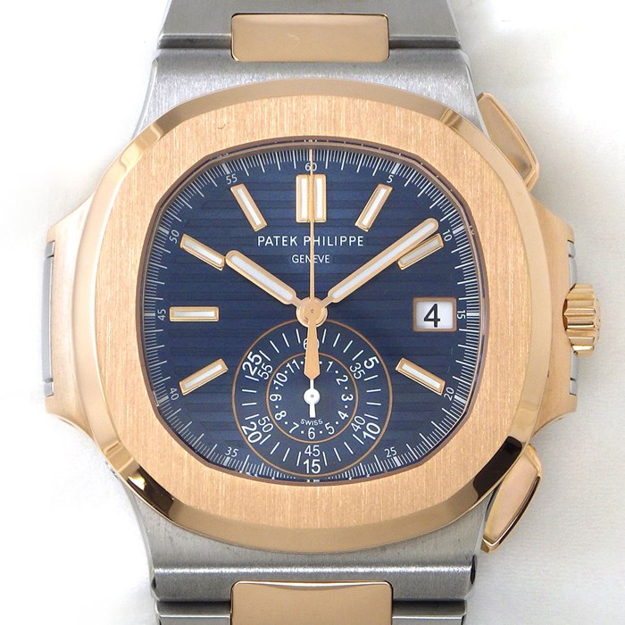 パテック・フィリップ Patek Philippe 腕時計 ノーチラス 5980/1AR-001 生産終了モデル デイト クロノグラフ 裏スケ ストライプ ブルー文字盤 K18PG SS 自動巻き 【箱・保付き】 【中古】