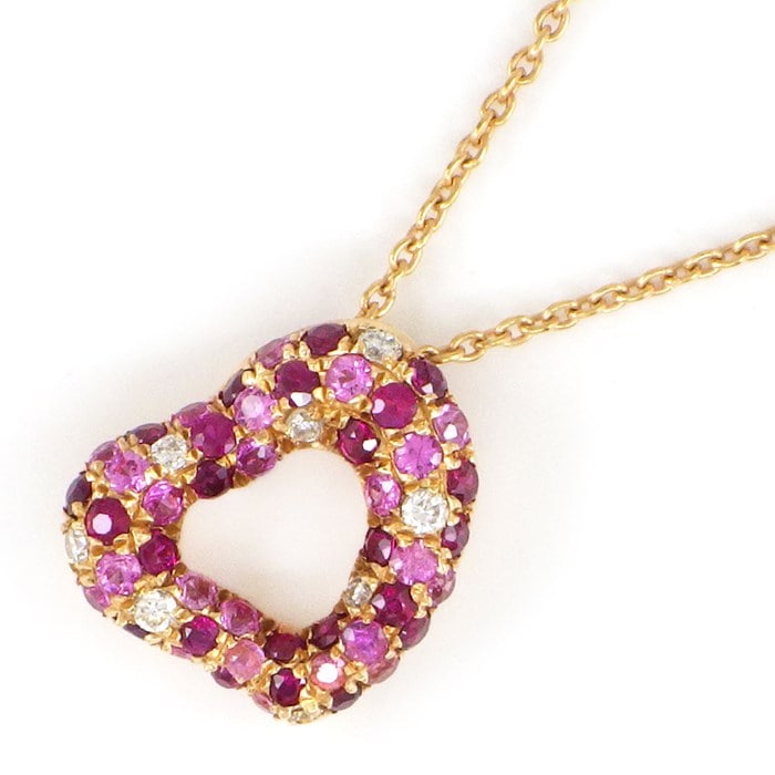 【ルビー ピンクサファイア】 ネックレス オープン ハートモチーフ パヴェ ルビー ピンクサファイア ダイヤモンド K18PG 【中古】