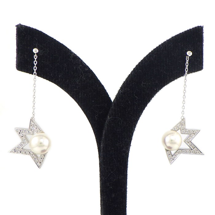 タサキ 田崎真珠 TASAKI ピアス コメット プラス E-4347-18KWG チェーン スウィング ドロップ パール 6.8mm珠 ダイヤモンド 0.09ct / 0.09ct K18WG 【中古】