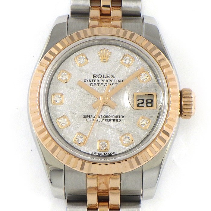 ロレックス Rolex 腕時計 オイスターパーペチュアル デイトジャスト26 179171G 3針 カレンダー 10ポイントダイヤインデックス メテオライト ホワイト文字盤 白 カレンダー K18PG SS 自動巻き 【箱・保付き】 【中古】