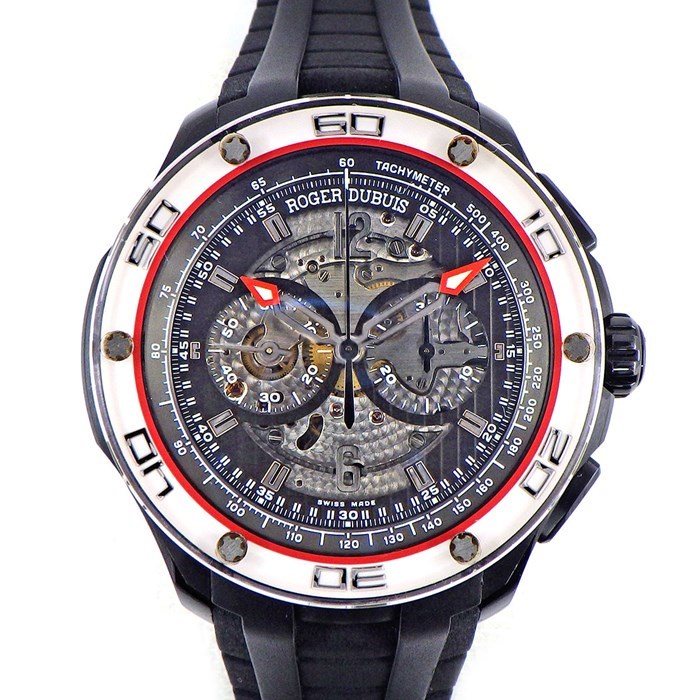 ロジェ・デュブイ ROGER DUBUIS 腕時計 パルジョン DBPU0012 世界20本限定 クロノグラフ スモールセコンド 裏スケ ブラック ストライプ/シルバー ペルラージュ チタン(DLC) ブラック ラバーベルト 黒 自動巻き 【箱・保付き】 【中古】