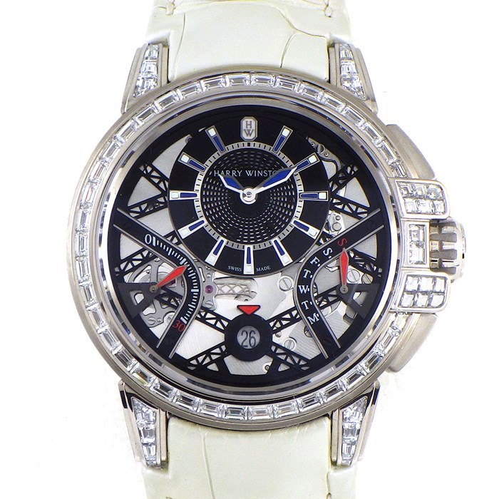 ハリーウィンストン HARRY WINSTON 腕時計 オーシャン バイレトログラード OCEABI42WW001 世界20本限定 デイト スモセコ ジャンピングアワー ダイヤベゼル/ラグ/尾錠 スケルトン K18WG アリゲーターレザー 自動巻き 【箱・保付き】 【中古】