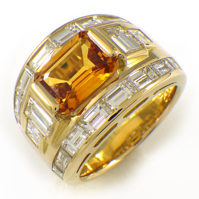 【エメラルドカットゴールデンサファイア ダイヤモンド】 リング ハーフサークル エメラルドカット ゴールデン サファイア 2.86ct パヴェ ダイヤモンド 計3.62ct K18YG 13号 【中古】