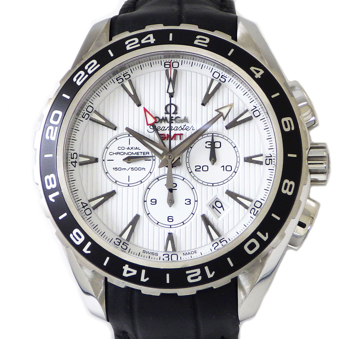 オメガ OMEGA 腕時計 シーマスター アクアテラ 231.13.44.52.04.001 デイト クロノグラフ スモールセコンド GMT クロノメーター ホワイト 文字盤 白 SS ブラック アリゲーター レザーベルト 革 自動巻き 【箱・保付き】 【中古】