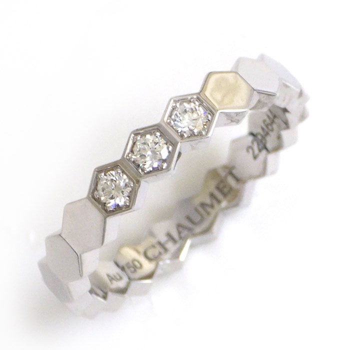ショーメ Chaumet リング ビー マイ ラブ ハニカム 083360 3.5mm幅モデル 3ポイント ダイヤモンド 計0.10ct K18WG 9.5号 / #50 【箱・保付き】 【中古】