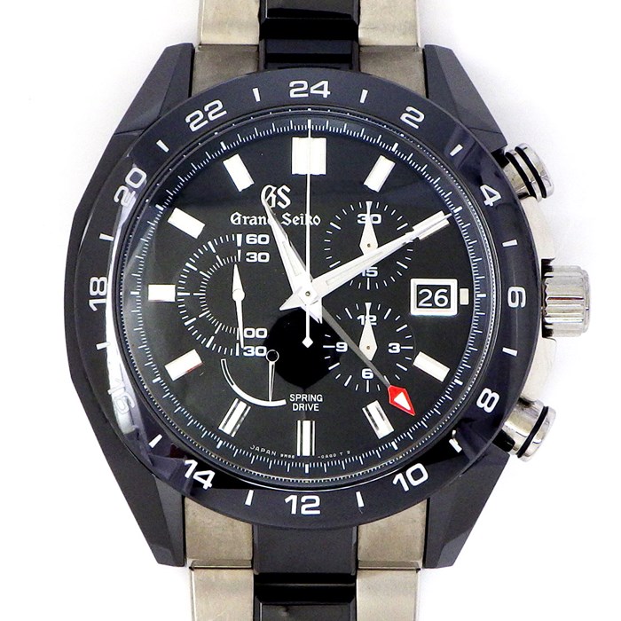 グランドセイコー Grand SEIKO 腕時計 スポーツコレクション SBGC223 ブラック文字盤 クロノグラフ 夜光インデックス スモールセコンド デュアルタイム表示 裏スケ デイト GMT パワーリザーブ表示 ブライトチタン ブラック セラミック スプリングドライブ 【中古】