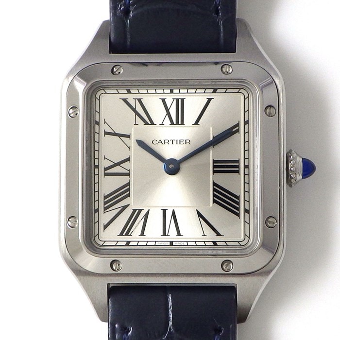 カルティエ Cartier 腕時計 サントス デュモン SM WSSA0023 サンレイ シルバー スクエア 文字盤 ローマ数字インデックス ネイビー アリゲーターレザーベルト 革 SS クオーツアナログ 【箱・保付き】 【中古】 カルティエ Cartier 腕時計 サントス デュモン SM WSSA0023 サンレイ