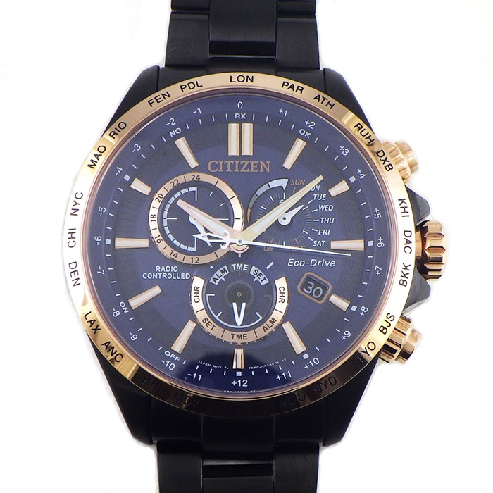 シチズン CITIZEN 腕時計 エコドライブ CB5956-89L デイデイト クロノグラフ パーペチュアルカレンダー ワールドタイム パワーリザーブ表示 ブルー文字盤 GP(ローズゴールドメッキ) SS ソーラー 【箱・保付き】 【中古】