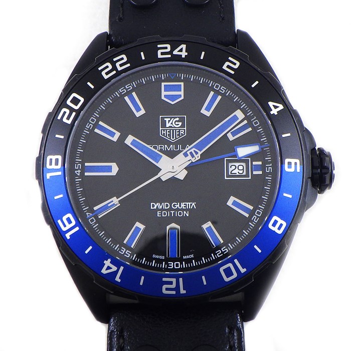 タグ・ホイヤー TAG Heuer 腕時計 フォーミュラ1 キャリバー5 デヴィッド・ゲッタ WAZ201A.FC8195 カレンダー GMT ブラック&ブルーベゼル ブラック文字盤 黒 SS ブラック レザー ブントベルト 革 自動巻き 【箱・保付き】 【中古】