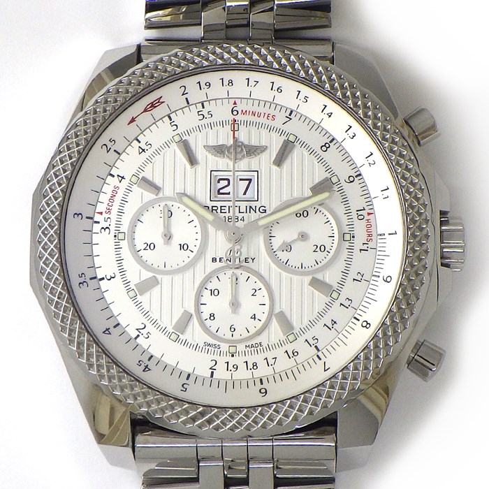 ブライトリング Breitling 腕時計 ベントレー6.75 A44364 スモールセコンド デイト クロノグラフ クロノメーター タキメーター 太陽コンパス ホワイト文字盤 SS 自動巻き 【箱・保付き】【中古】