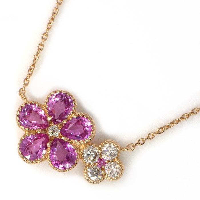 【ペアシェイプピンクサファイア ダイヤモンド】 ネックレス フラワーモチーフ ピンクサファイア 計1.73ct ダイヤモンド 計0.22ct K18PG 【中古】