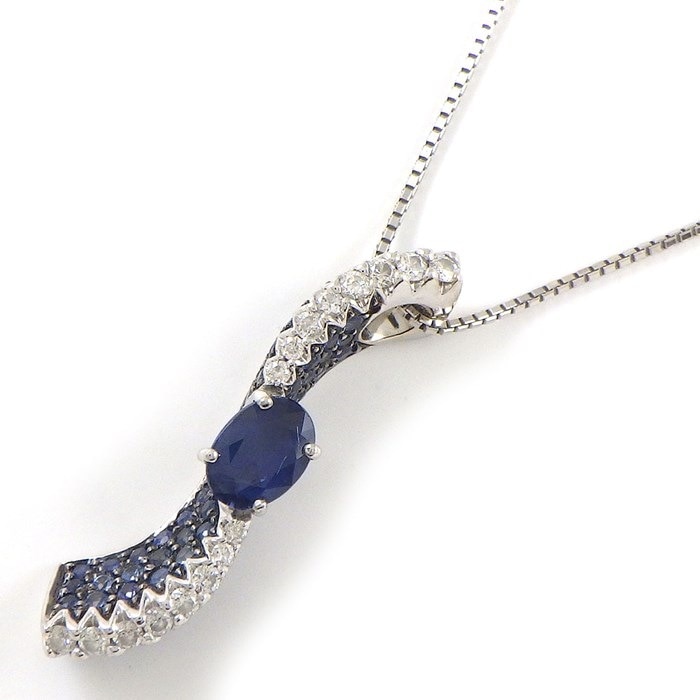 【オーバルカットサファイア ダイヤモンド】 ネックレス ウェーブモチーフ 1ポイント オーバルカット サファイア 1.06ct ラウンドカット サファイア 計0.80ct ラウンドカット ダイヤモンド 計0.30ct K18WG 【中古】
