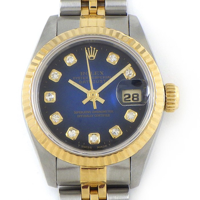 ロレックス Rolex 腕時計 オイスターパーペチュアル デイトジャスト 69173G W番 デイト 3針 夜光針 10ポイントダイヤインデックス ブルーグラデーション文字盤 フルーテッドベゼル ジュビリーブレス K18YG SS 自動巻き 【箱・保付き】 【中古】