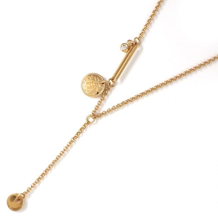 エルメス HERMES ネックレス エクスリブリス TPM Yシェイプ スウィング ドロップ サークル メダル 馬車 ホース 従者 Hロゴ 1ポイント ダイヤモンド K18PG 【中古】