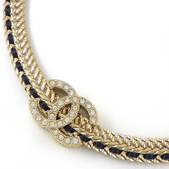 シャネル CHANEL ネックレス ココマーク 2024年製 ラインストーン メタル ブラックレザー 【中古】