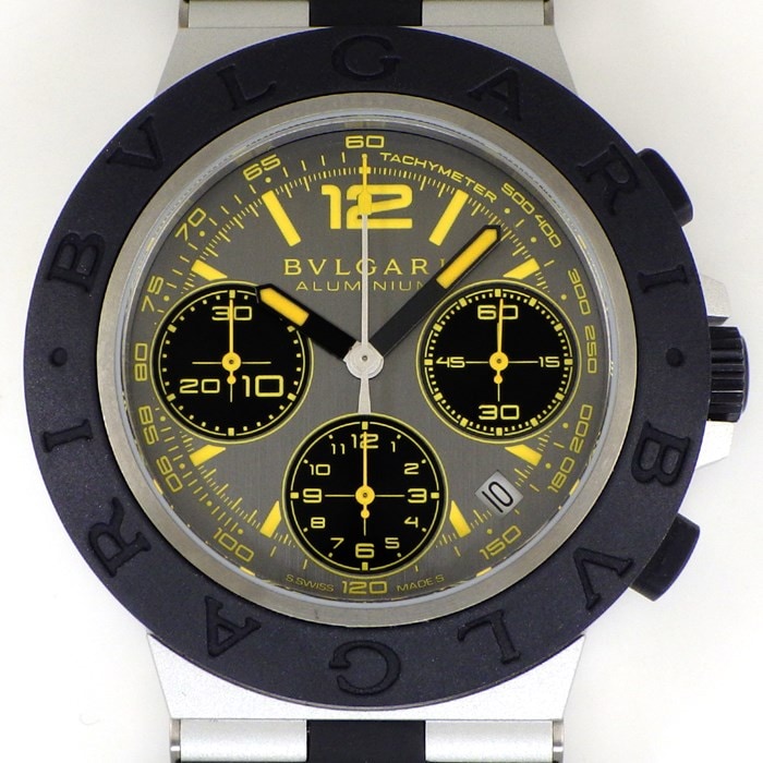 ブルガリ BVLGARI 腕時計 アルミニウム BB41ATCH/103893 グランツーリスモ 10周年モデル 1200本限定 デイト クロノグラフ タキメーター 夜光インデックス スモールセコンド ロゴベゼル グレー文字盤 チタン アルミニウム ラバー 自動巻き 【中古】