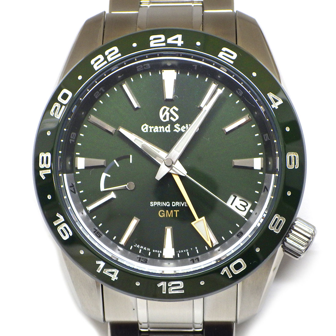 グランドセイコー Grand SEIKO 腕時計 スポーツコレクション スプリングドライブ GMT SBGE257/9R66-0B0B デイト 3針 GMT 夜光針・インデックス 回転ベゼル パワーリザーブ表示 サンレイ グリーン文字盤 SS 自動巻き 【箱・保付き】 【中古】