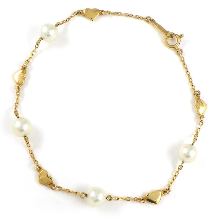 ミキモト MIKIMOTO ブレスレット ステーション 5モチーフ ハート 4ポイント パール 5.5mm珠 K18YG 【中古】