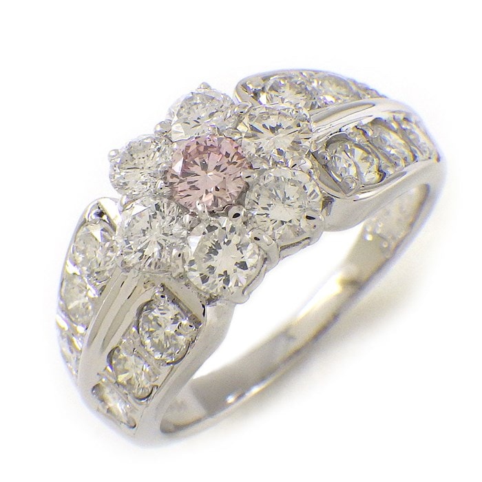 【ピンクダイヤモンド】 リング フラワーモチーフ 1ポイント ピンク ダイヤモンド 0.138ct(FP/SI2/GD) ダイヤモンド 1.38ct PT900 12号 【中古】