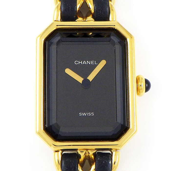 シャネル CHANEL 腕時計 プルミエール M H0001 ブラック文字盤 裏スケ GP ゴールド/ブラック チェーン レザー ベルト 革 クオーツアナログ 【中古】