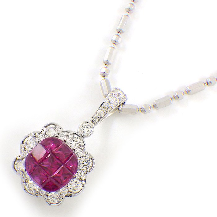 【ルビー ダイヤモンド】 ネックレス フラワー ルビー 計1.10ct ダイヤモンド 計0.39ct K18WG 【中古】