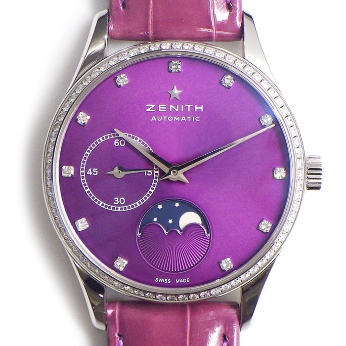 ゼニス ZENITH 腕時計 エリート ウルトラシン 16.2310.692/92.C750 ダイヤインデックス ダイヤベゼル ムーンフェイス パープル 文字盤 スモールセコンド アリゲーターレザー/ラバーベルト SS 自動巻き 【中古】