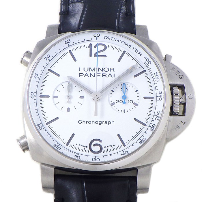 パネライ PANERAI 腕時計 ルミノール クロノ PAM01218 クロノグラフ スモールセコンド タキメーター 夜光針 ホワイト 文字盤 ブラック アリゲーターレザーベルト SS 自動巻き 【箱・保付き】 【中古】