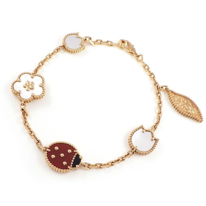 ヴァンクリーフ＆アーペル Van Cleef & Arpels ブレスレット ラッキースプリング 5モチーフ VCARP7RR00 てんとう虫 チューリップ フラワー リーフ カーネリアン オニキス ホワイト シェル K18PG 白 【箱・保付き】 【中古】