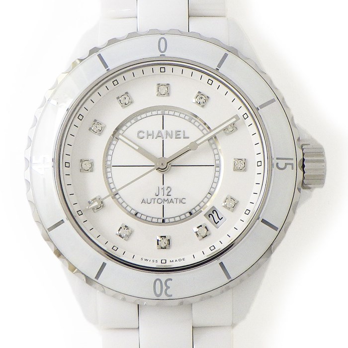 シャネル CHANEL 腕時計 J12 キャリバー12.1 H5705 12ポイント ダイヤインデックス ホワイト文字盤 デイト 裏スケ 逆回転防止ベゼル ホワイト セラミック SS 自動巻き 【中古】
