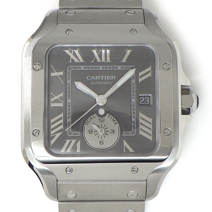 カルティエ Cartier 腕時計 サントス LM WSSA0076 スクエア サンレイ グレー文字盤 ローマ数字インデックス デイト デュアルタイム表示 SS 自動巻き 【箱・保付き】 【中古】 カルティエ Cartier 腕時計 サントス LM WSSA0076 スクエア サンレイ