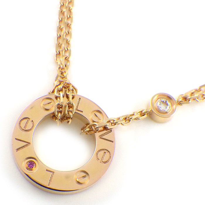 カルティエ Cartier ネックレス ラブ サークル ラウンド ダブルチェーン 1ポイント ピンクサファイア 1ポイント ダイヤモンド K18PG 【中古】