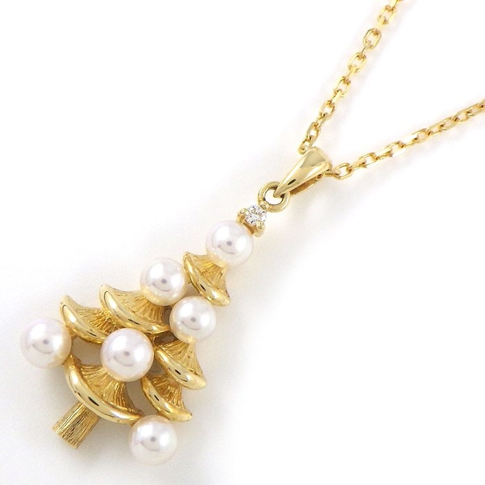 ミキモト MIKIMOTO ネックレス ツリー モチーフ 木 パール 3.5mm珠 1ポイント ダイヤモンド K18YG 【中古】