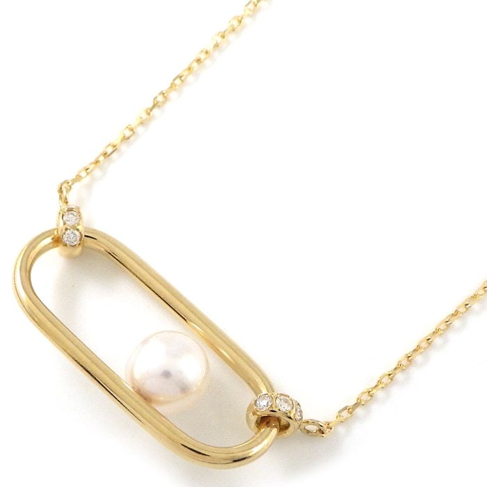 【パール ダイヤモンド】 ネックレス オーバル リンク モチーフ パール 5.0mm珠 ダイヤモンド 計0.03ct K18YG