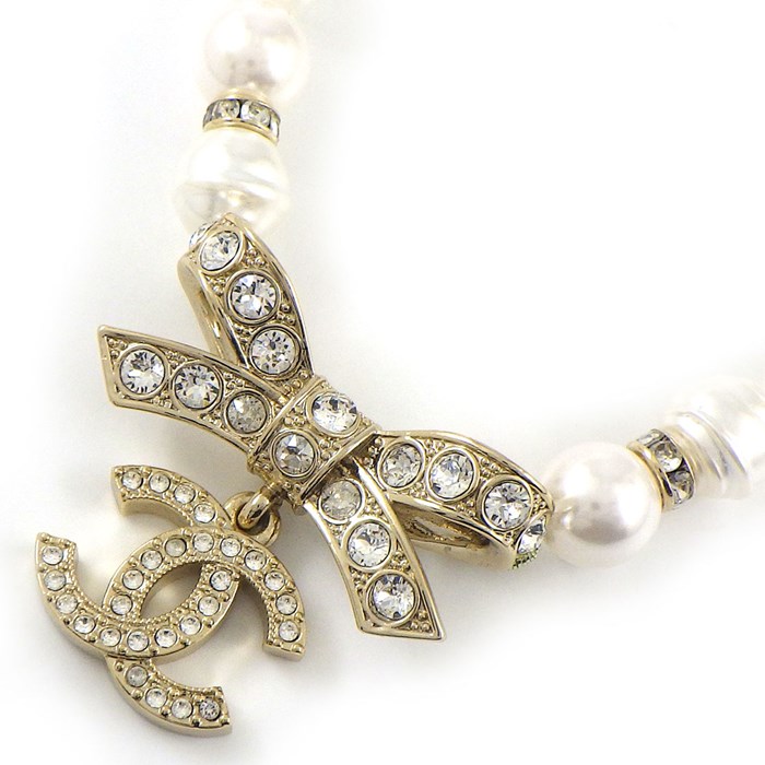 シャネル CHANEL ネックレス ココマーク ボウ リボンモチーフ B23/S 2023年製 イミテーションパール ラインストーン GP 【中古】