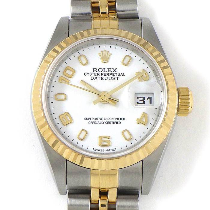 ロレックス Rolex 腕時計 レディ デイトジャスト 26 79173 P番 夜光インデックス ホワイト文字盤 白 フルーテッドベゼル ジュビリーブレス ロレゾール オイスタースチール SS K18YG 自動巻き 【箱・保付き】 【中古】
