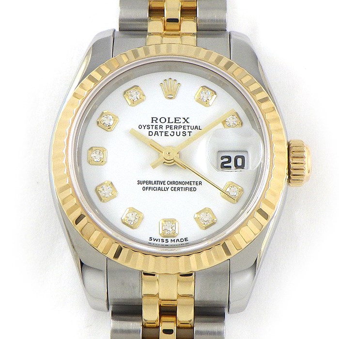 ロレックス Rolex 腕時計 レディ デイトジャスト 179173G F番 10ポイント ダイヤインデックス ホワイト文字盤 白 フルーテッドベゼル ジュビリーブレス ロレゾール オイスタースチール SS K18YG 自動巻き 【箱・保付き】 【中古】