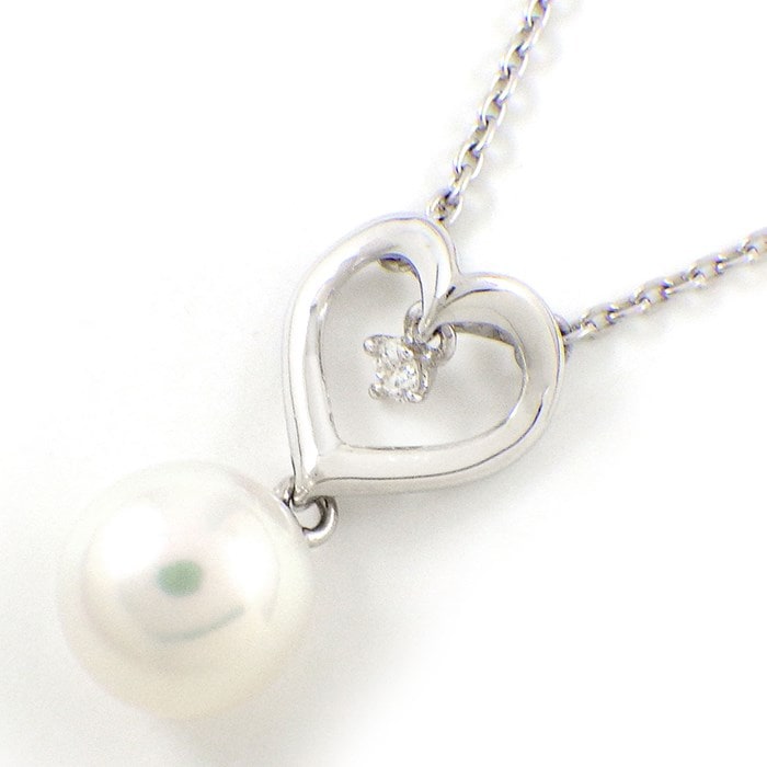 ミキモト MIKIMOTO ネックレス ハート スウィング ドロップ パール 7.5mm珠 1ポイント ダイヤモンド K18WG 【中古】