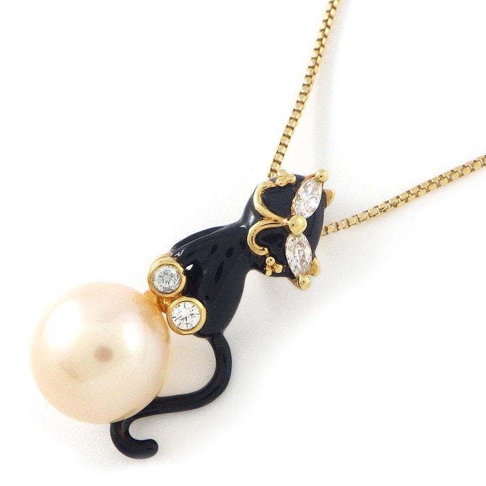 タサキ 田崎真珠 TASAKI ネックレス キャット 猫 モチーフ パール 10.0mm珠 ダイヤモンド 計0.17ct K18YG ブラック エナメル 黒 【中古】