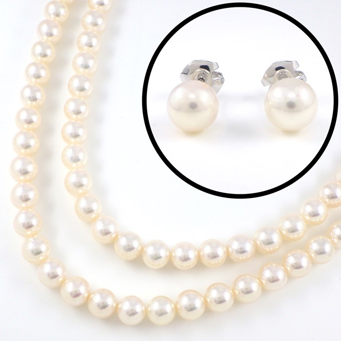 タサキ 田崎真珠 TASAKI 2点セット ネックレス 2連 あこや真珠 7.0-7.5mm珠 K14WG / ピアス E-P700-18KWG あこや真珠 7.0mm珠(現行タイプ) K18WG 【中古】