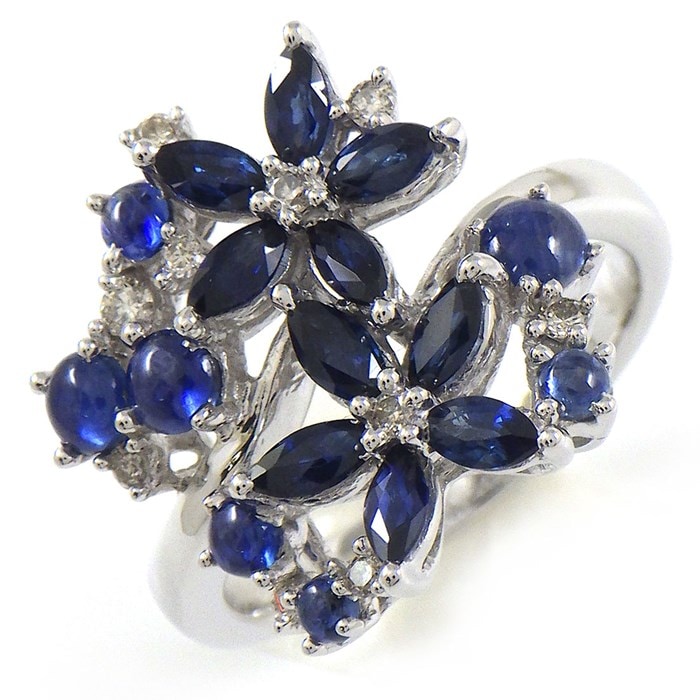 【サファイア ダイヤモンド】 リング フラワーモチーフ サファイア 1.40ct ダイヤモンド 0.10ct K18WG 12号 【中古】