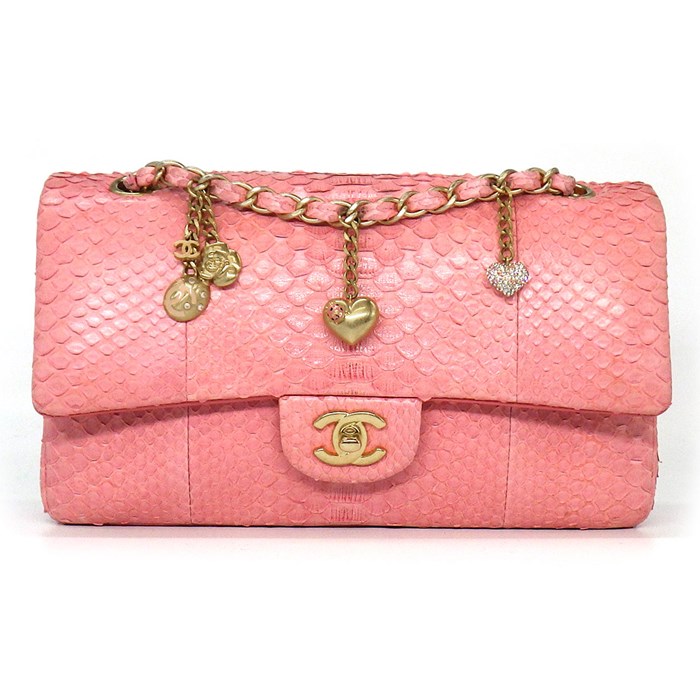 シャネル CHANEL ショルダーバッグ ハンドバッグ 2015年製 バレンタイン限定 シングルフラップ ピンク パイソン ゴールド金具 【中古】
