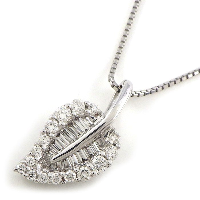 【ダイヤモンド】 ネックレス リーフモチーフ ベネチアンチェーン ダイヤモンド 計0.53ct K18WG 【中古】