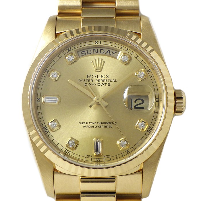 ロレックス Rolex 腕時計 デイデイト 18238A  A番 10ポイント ダイヤインデックス サンレイ シャンパンカラー文字盤 カレンダー 曜日表示 フルーテッドベゼル K18YG 自動巻き 【箱・保付き】 【中古】