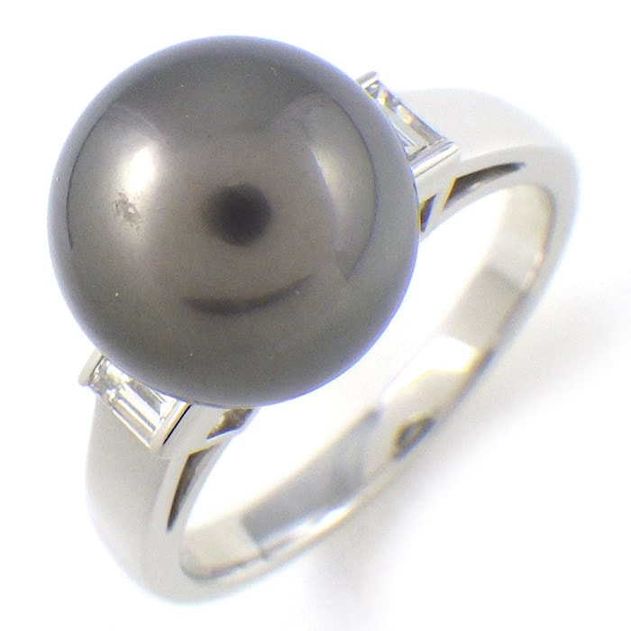 ミキモト MIKIMOTO リング 1ポイント ブラック パール 黒蝶 南洋真珠 11mm珠 2ポイント バゲットカット ダイヤモンド 0.29ct PT950 18号 【中古】