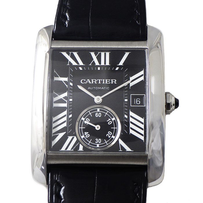カルティエ Cartier 腕時計 タンクMC W5330004 レクタンギュラー ブラック文字盤 裏スケ デイト カレンダー スモールセコンド アリゲーター 革 ベルト SS 自動巻き 【中古】