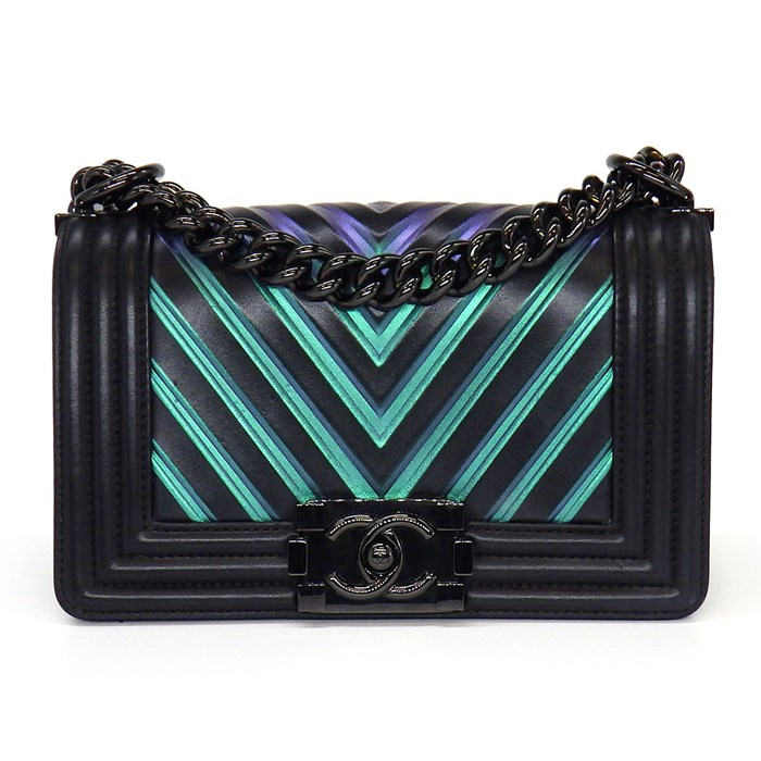 シャネル CHANEL ショルダーバッグ ハンドバッグ ボーイシャネル 20 A67085 2018年製 (24番台) ブラック / グリーン / パープル ラムスキン (羊革) ブラック金具 【中古】