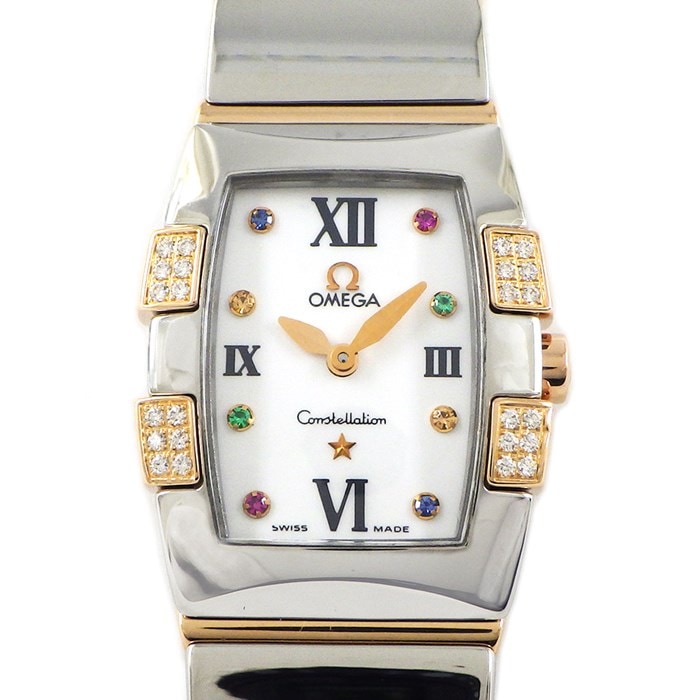 オメガ OMEGA 腕時計 コンステレーション ミニ クアドレア 1283.79.00 ダイヤベゼル マルチカラーストーン インデックス トノウ ホワイト文字盤 K18PG SS クオーツアナログ 【中古】