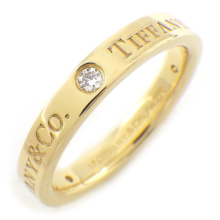 ティファニー Tiffany & Co. リング フラットバンド 幅3.0mmモデル ロゴ 3ポイント ダイヤモンド K18YG 9号 【中古】